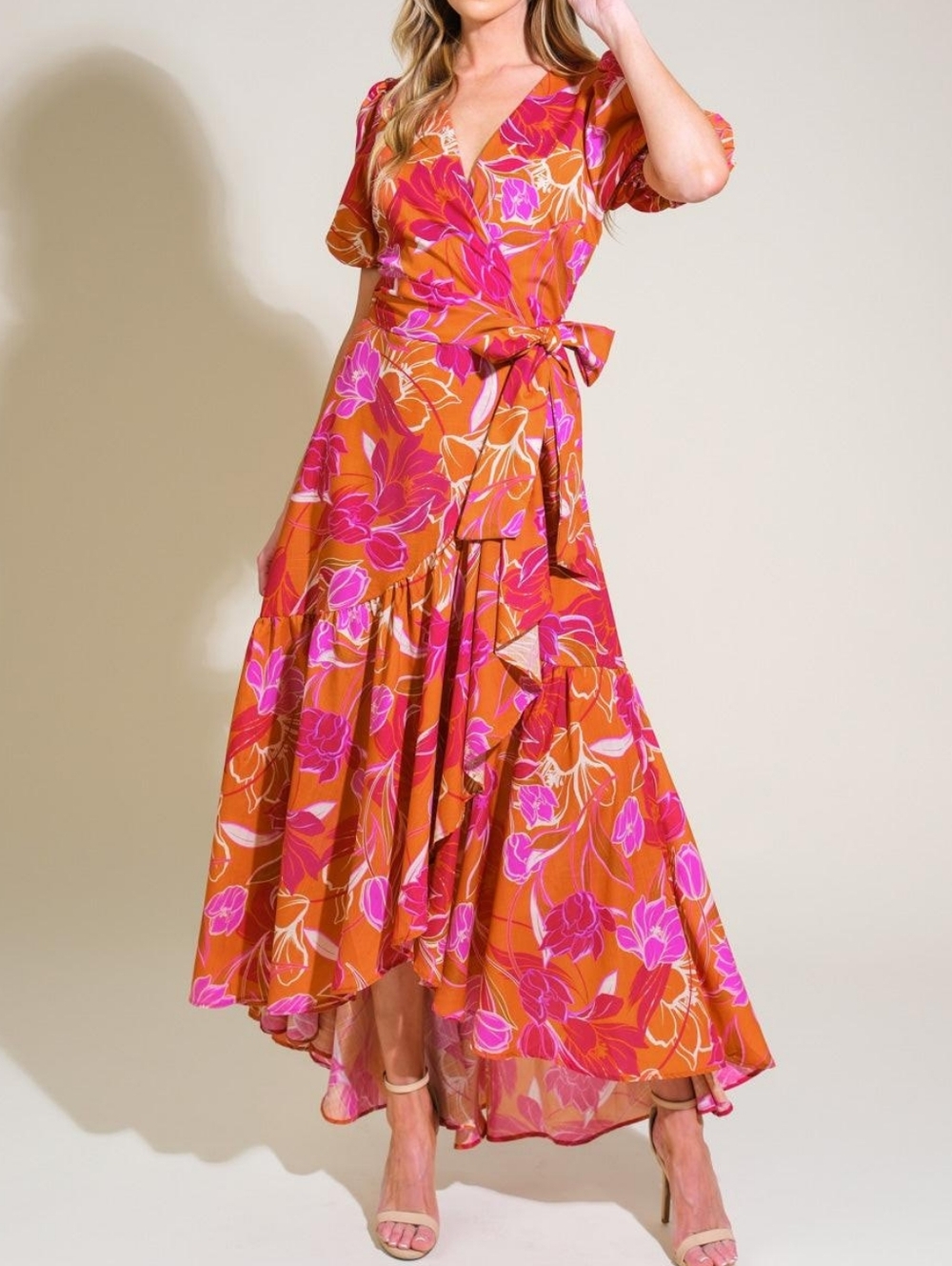 Flying Tomato Orange & Pink Floral Wrap Maxi Dress